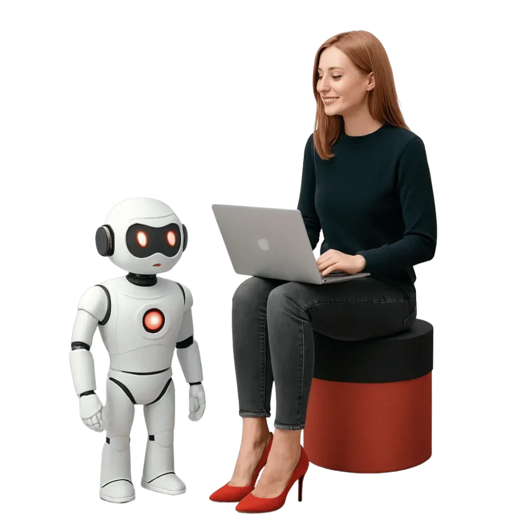 A woman sits on a stool with a laptop and smiles at a small, friendly-looking robot, representing a user interacting positively with an AI virtual receptionist.