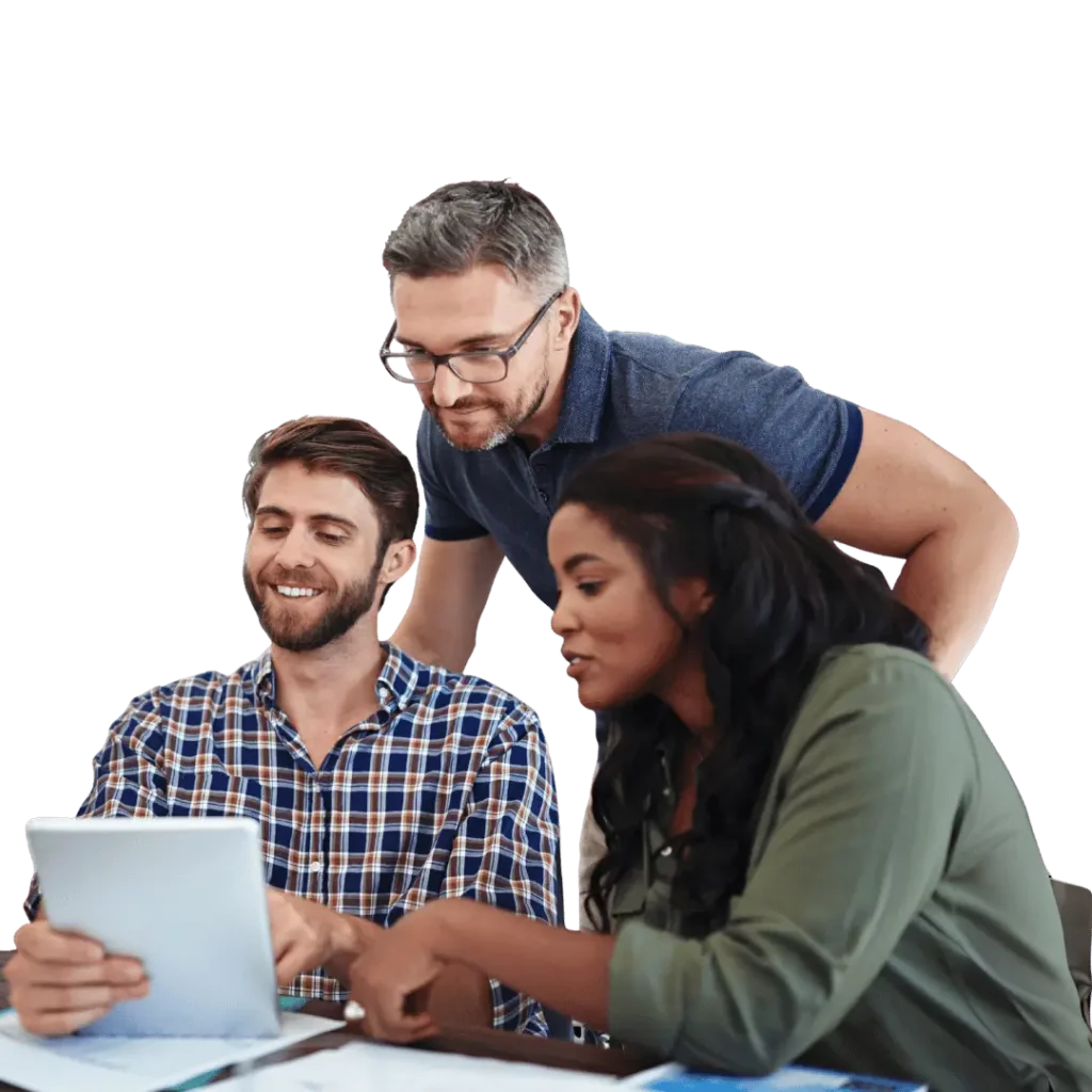 Three diverse professionals collaborating on a tablet, symbolizing a team working together on an effective ADA compliance solution.