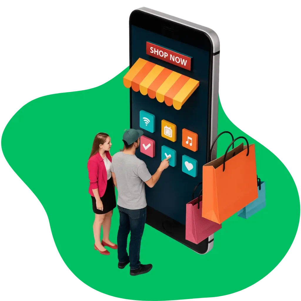A magnifying glass hovering over a shopping bag, symbolizing e-commerce SEO and a detailed SEO audit for online stores.
