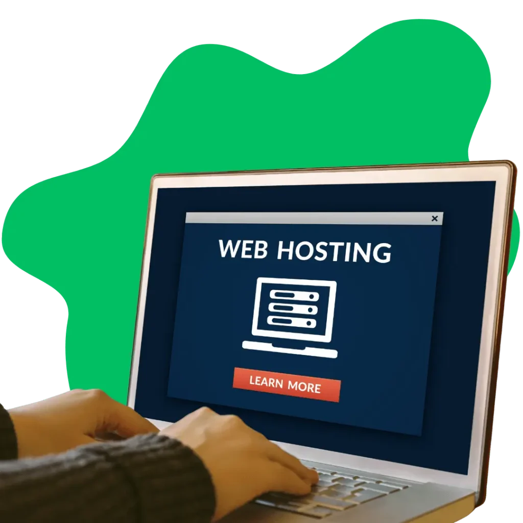 A close-up, low-angle view of a person using a laptop, showing a detailed shot of their hands typing for managed website hosting