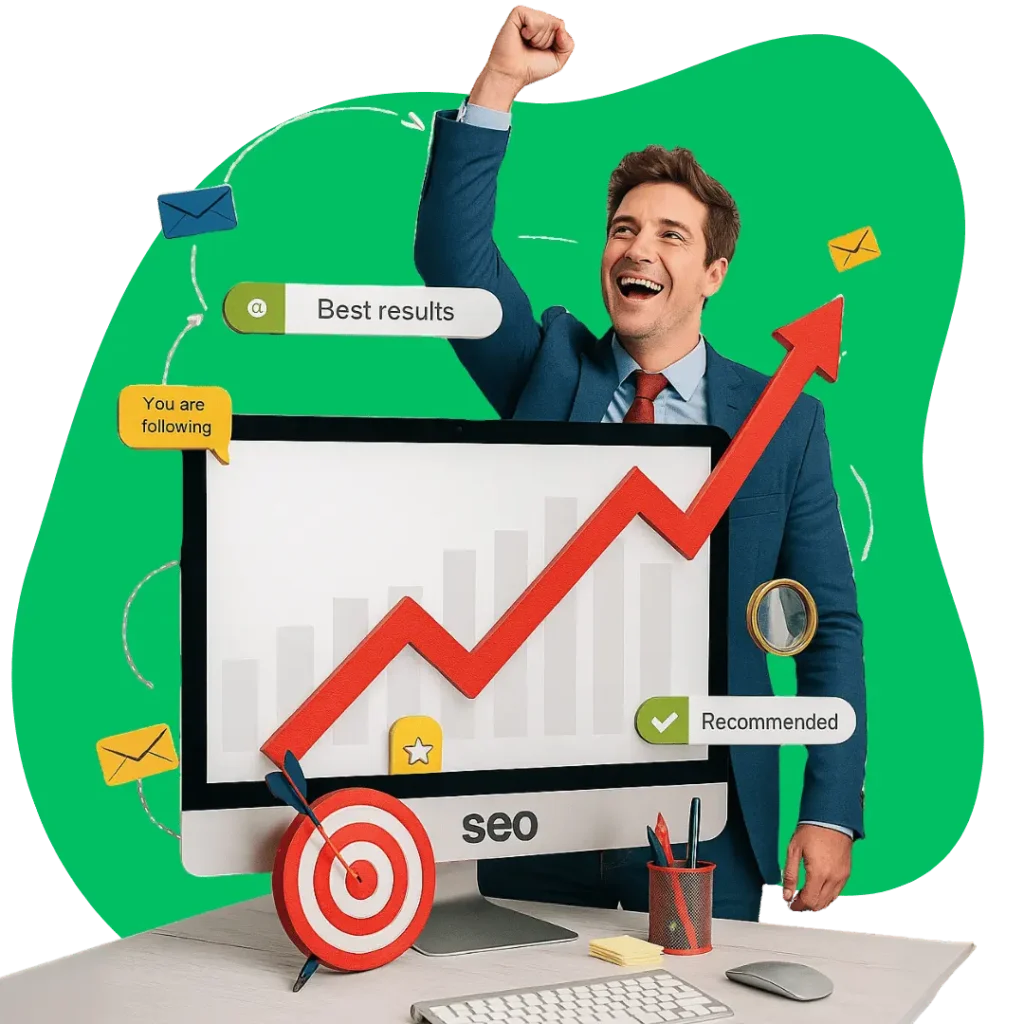A celebratory businessman stands next to a computer screen showing an upward-trending growth graph and a bullseye target labeled "SEO"