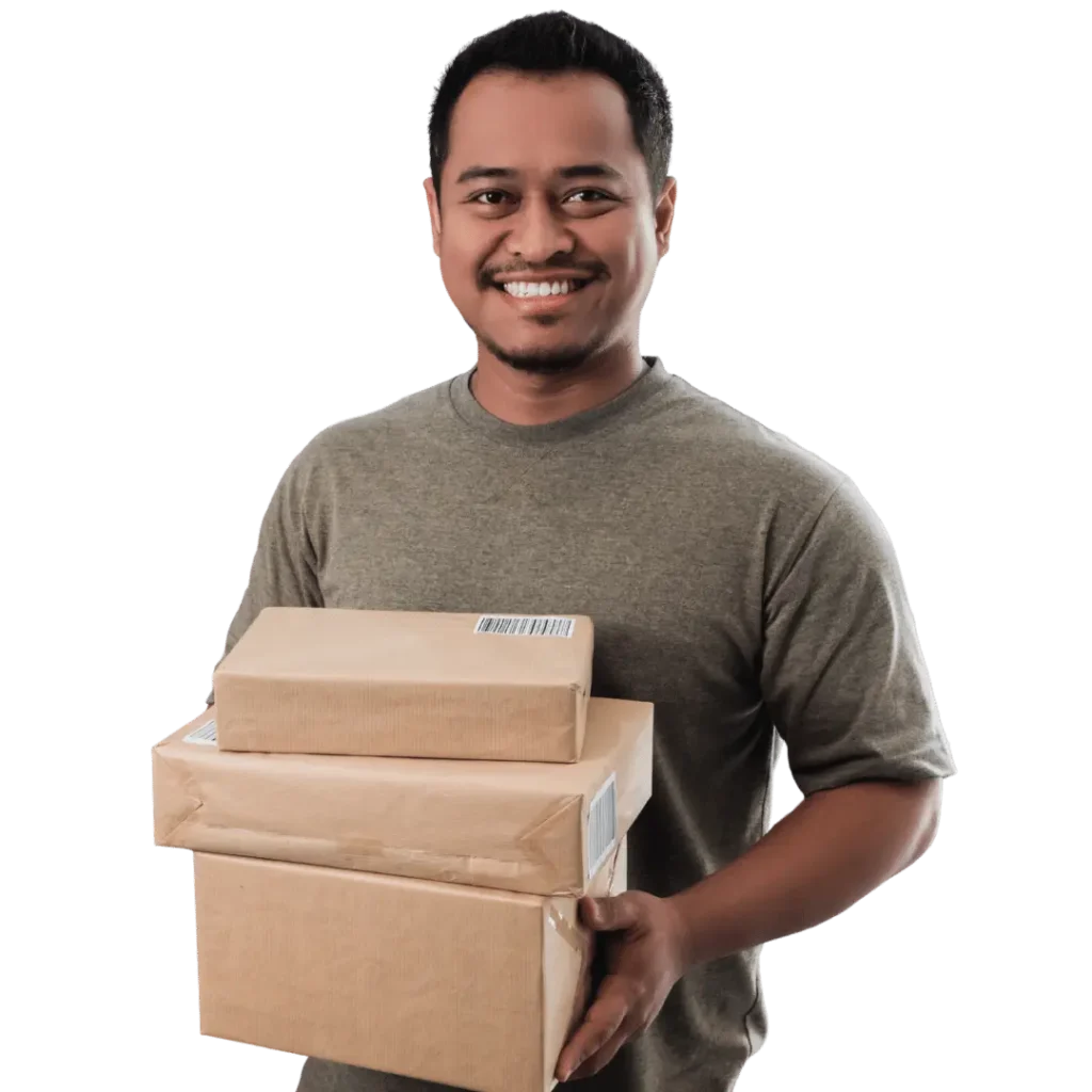 A smiling delivery man holding a stack of brown cardboard boxes, representing the successful and efficient fulfillment of e-commerce SEO services