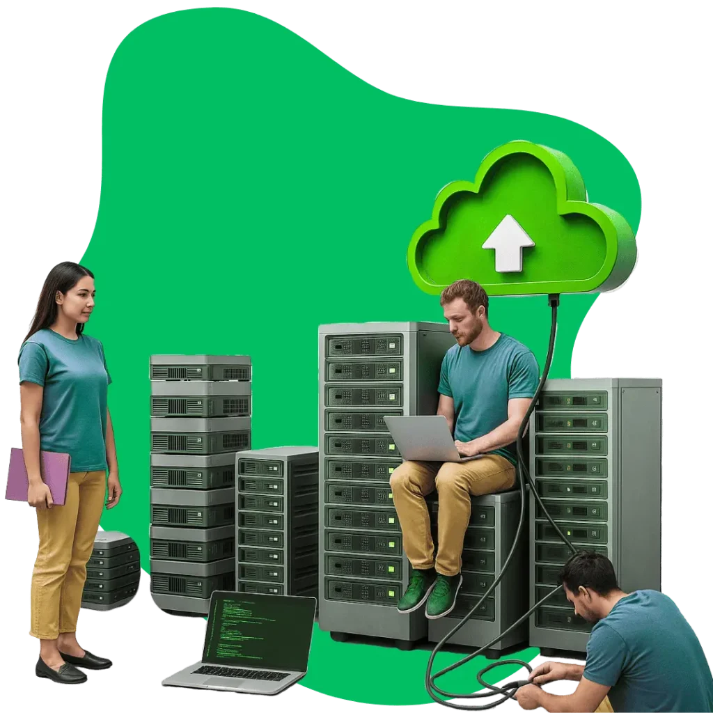 A team of IT professionals working in a data center with server racks, symbolizing our reliable web hosting services.