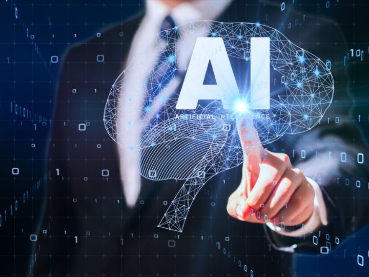 Business professional pointing at a digital brain with AI text, representing innovation and intelligence at an AI-powered digital marketing agency