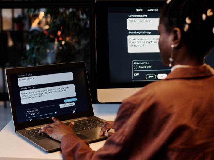 professional working on a laptop with AI image generation software, symbolizing creativity and innovation at an AI-powered digital marketing agency