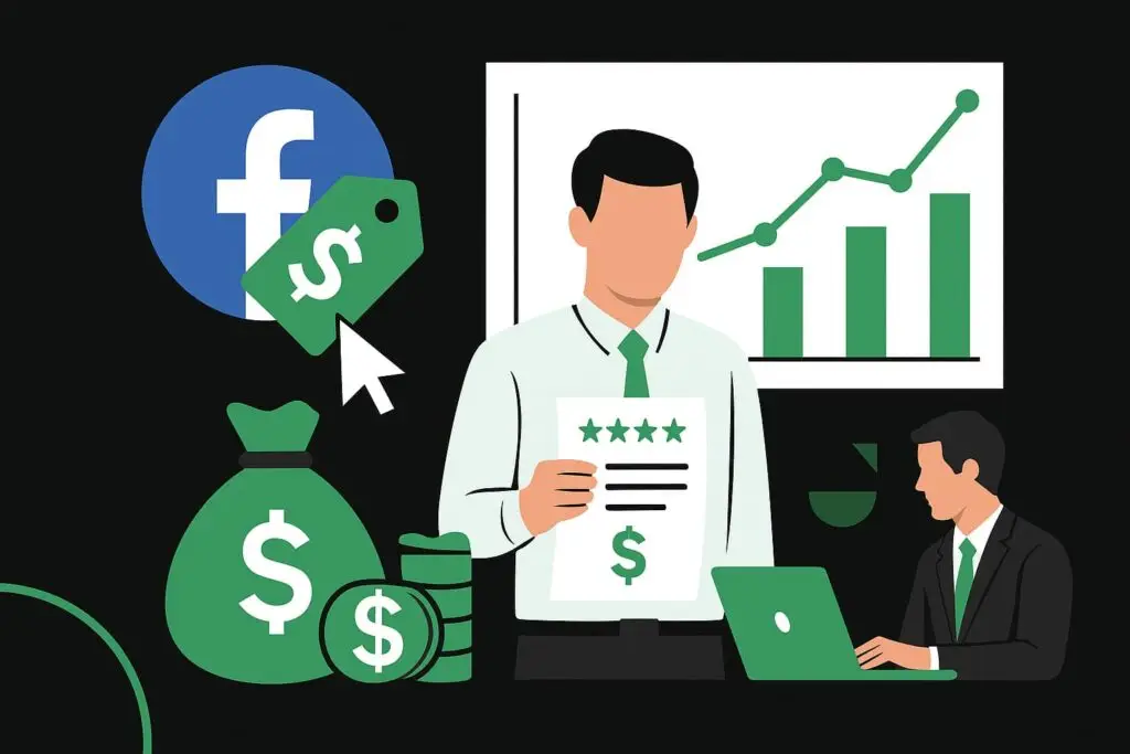 Illustration of a marketer holding a performance report with dollar signs, a Facebook logo, and a graph showing growth, symbolizing Facebook ad agency costs and marketing strategies.