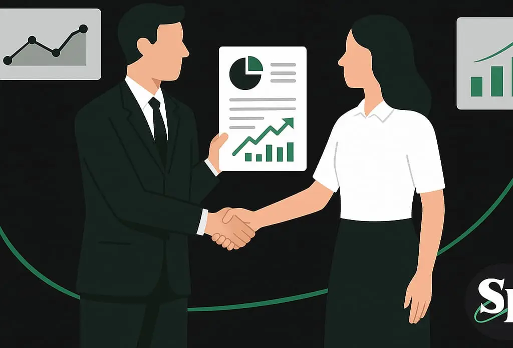 Business professionals shaking hands, exchanging a report with graphs and charts, symbolizing collaboration in marketing and SEO strategies.