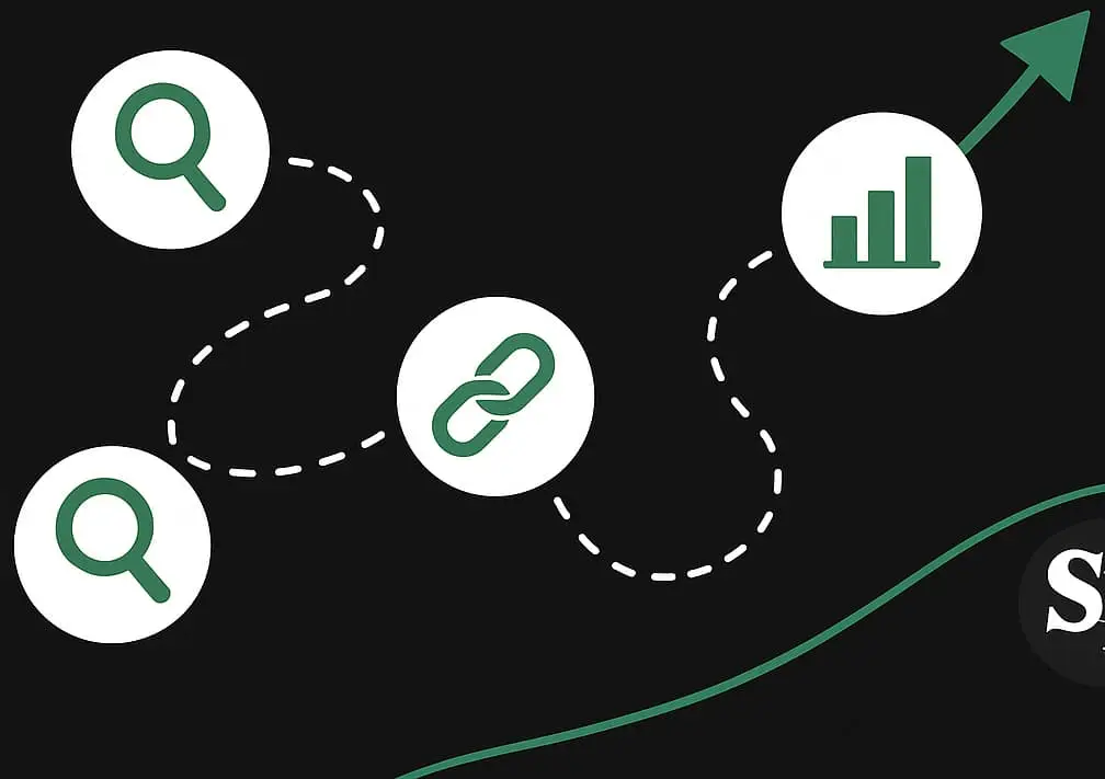 Search engine optimization concepts illustrated with magnifying glasses, a chain link, and a bar graph on a black background, representing strategies for enhancing brand visibility and digital marketing effectiveness.
