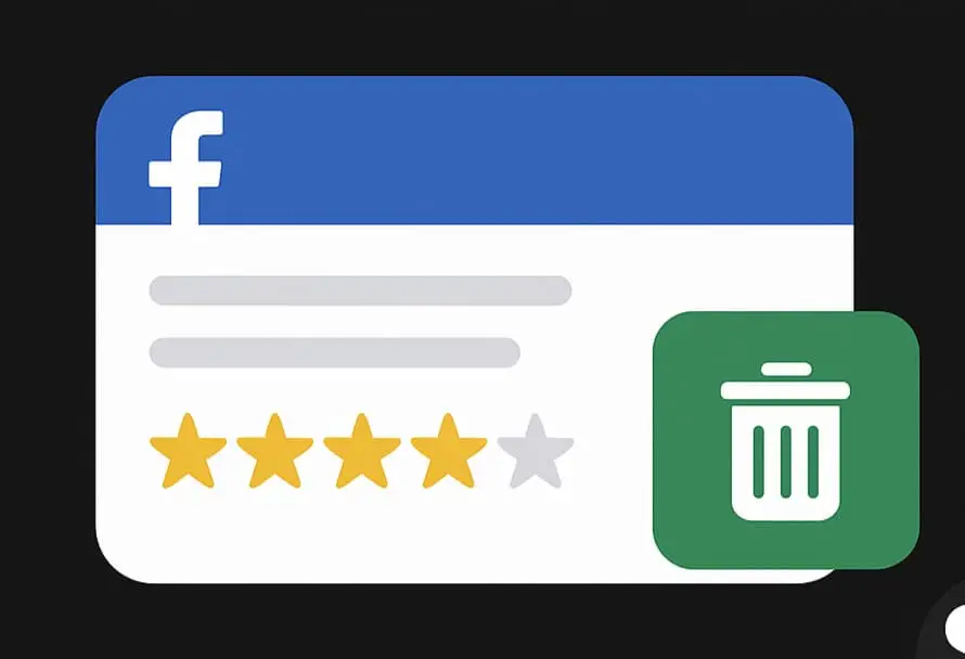 Facebook review interface with five-star rating and trash can icon for deleting reviews.