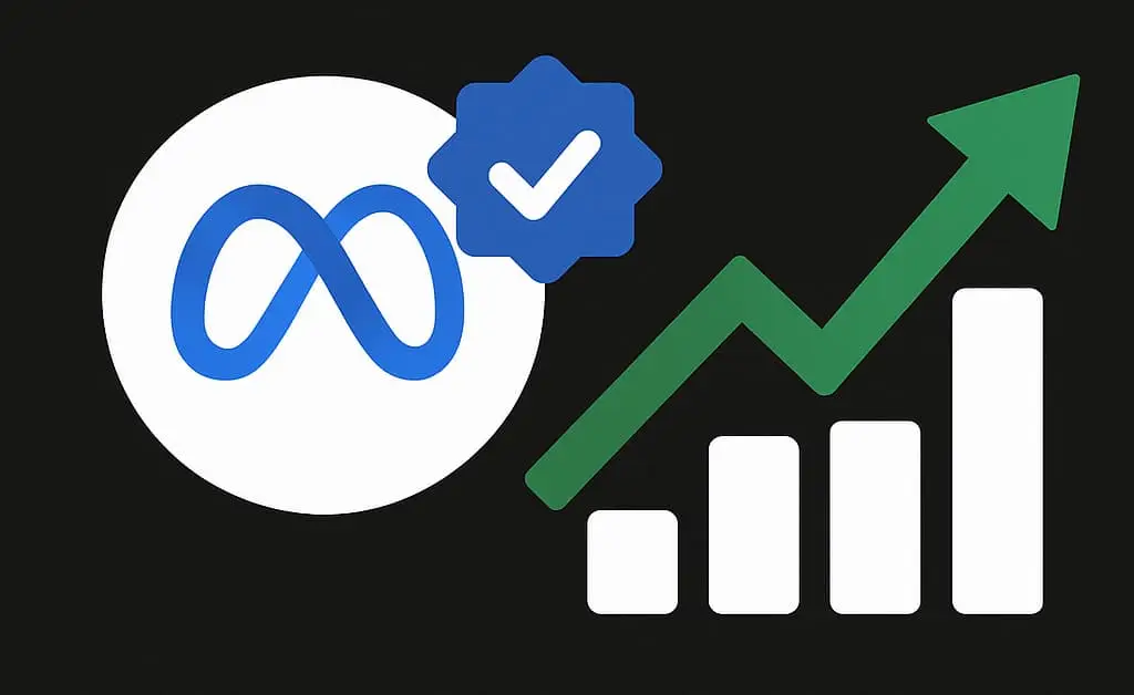 Meta logo with verification badge and upward trending graph symbolizing increased reach and engagement on social media platforms