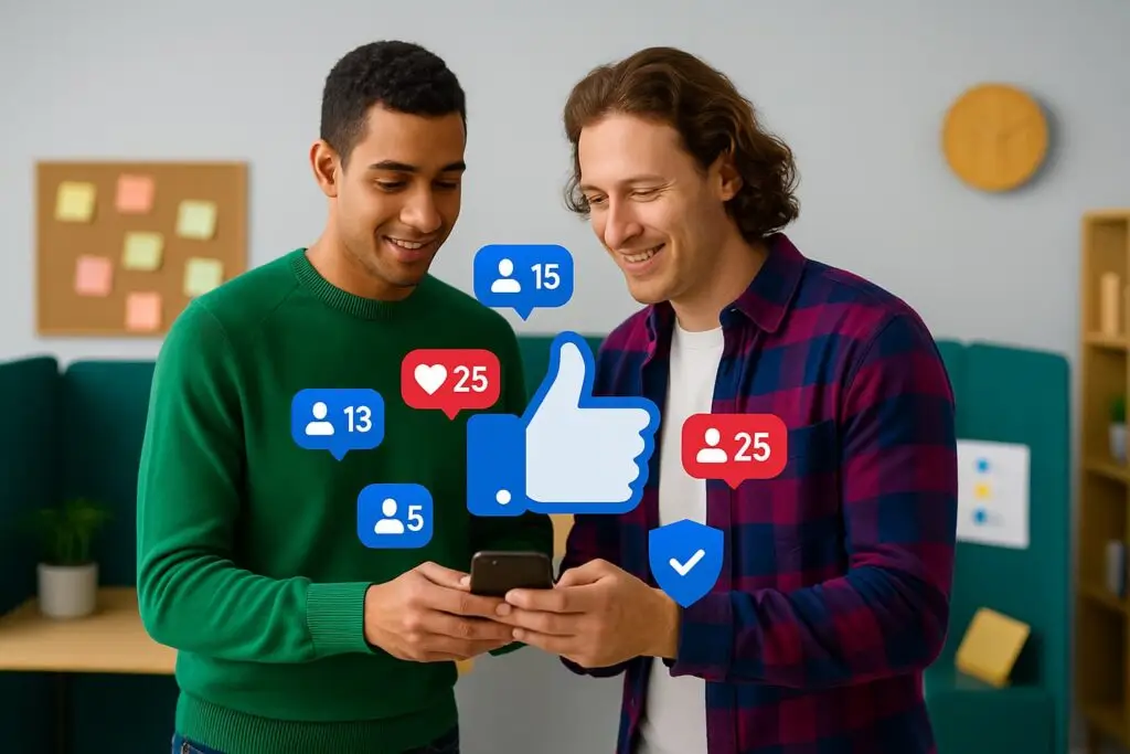Two men engaging with a smartphone, surrounded by social media interaction icons showing likes and notifications, representing digital marketing and social media engagement strategies