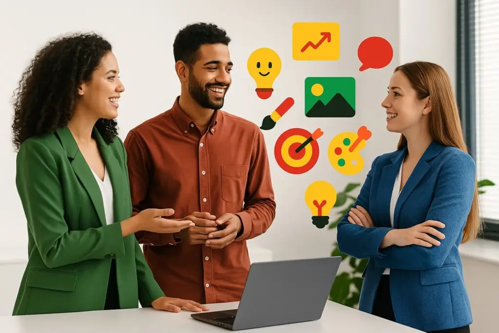 Three professionals discussing creative marketing strategies in a modern office, with visual elements depicting ideas like growth, creativity, and communication surrounding them