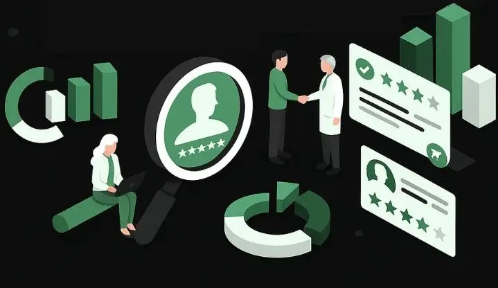 Illustration depicting reputation management for doctors, featuring a doctor shaking hands with a patient, digital reviews, and analytics graphs, emphasizing patient trust and online presence