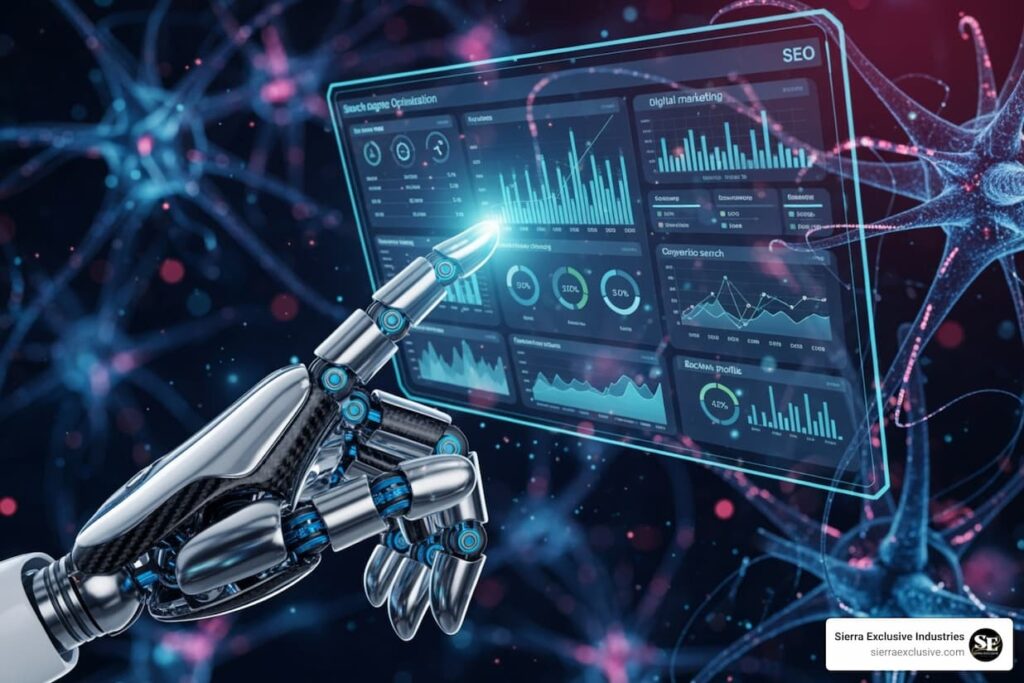 Robotic hand analyzing digital marketing dashboards representing automated AI SEO technology