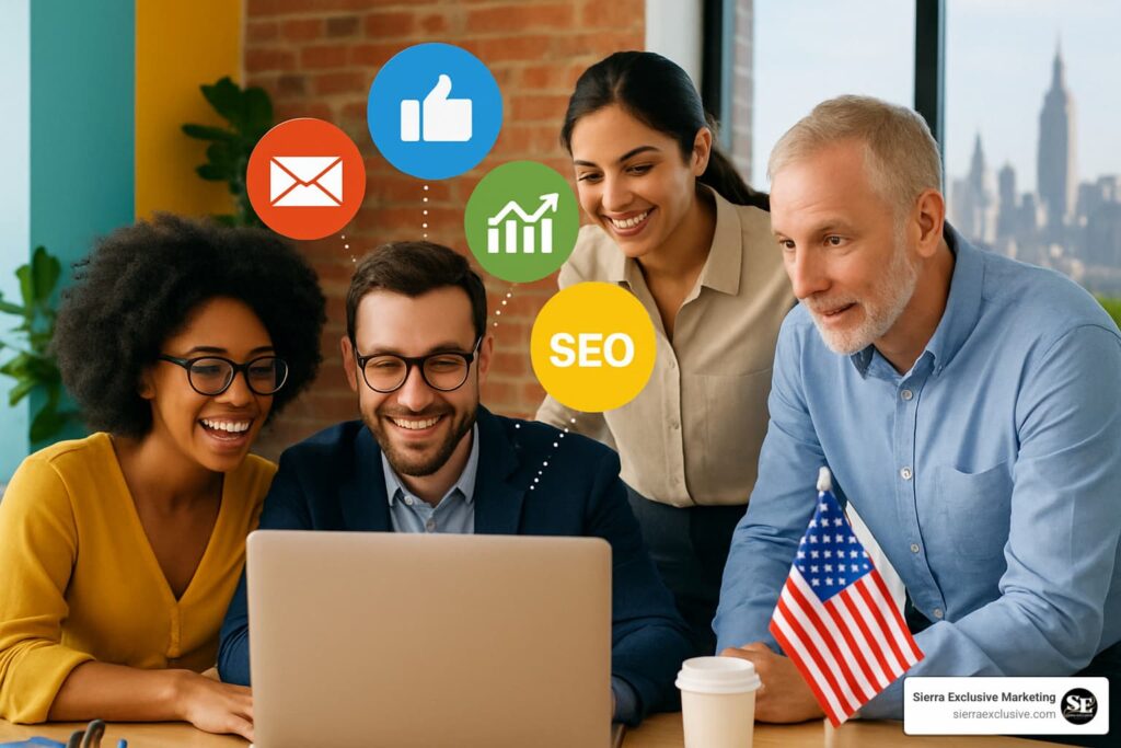 Team collaborating on laptop with SEO, email, and social media icons representing effective content promotion strategies