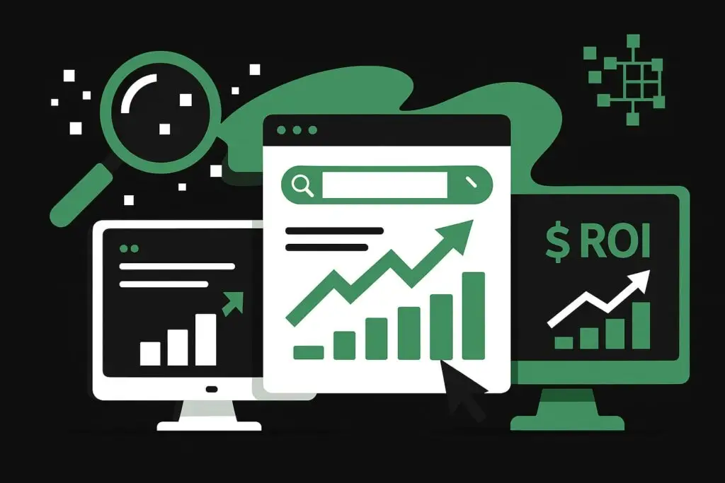 Graphs and charts illustrating SEO metrics and ROI analysis on computer screens, emphasizing digital marketing strategies and performance measurement