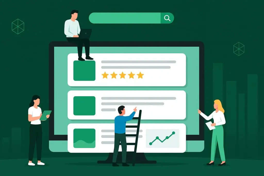 Illustration of diverse marketers collaborating on digital content strategy, featuring a large screen displaying search results, ratings, and analytics, emphasizing social media marketing and SEO insights
