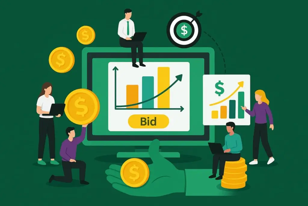 Illustration of digital marketing strategies for construction companies, featuring a computer screen with a bid graph, dollar coins, and diverse individuals analyzing data to enhance return on ad spend.