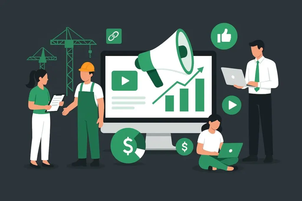 Illustration of a digital marketing strategy for construction companies, featuring a computer screen displaying growth metrics, a megaphone, social media icons, and construction workers engaging with digital content.