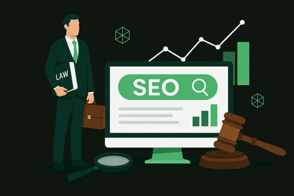 Businessman in a suit holding a "LAW" folder next to a computer screen displaying "SEO" search bar and analytics graphs, with a gavel and magnifying glass, symbolizing legal SEO strategies for attorneys.