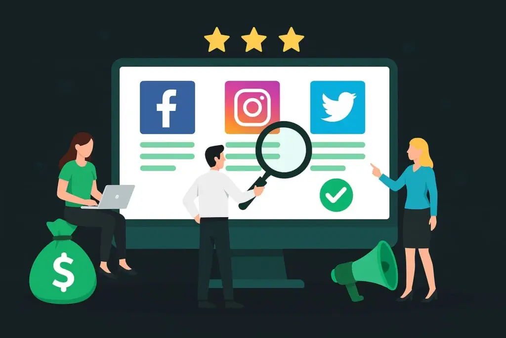 Illustration of a marketing team analyzing social media platforms Facebook, Instagram, and Twitter on a computer screen, with a focus on advertising effectiveness and strategy, featuring a money bag and a megaphone for promotional emphasis.