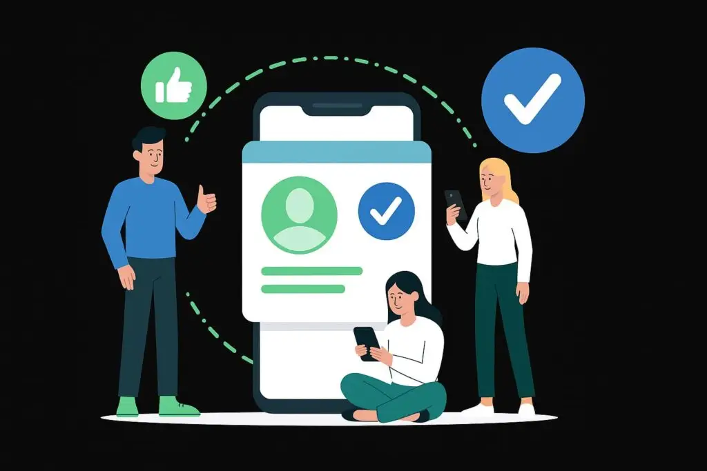 Illustration of three people engaging with a smartphone, featuring a thumbs-up icon and checkmark, representing social media verification and digital marketing strategies.