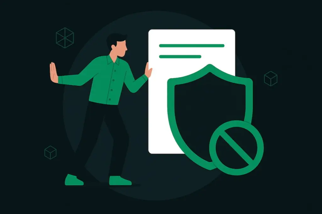 Person in green shirt gesturing towards a document and shield symbolizing privacy and protection, relevant to local SEO and citation management.