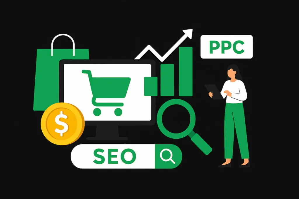 Ecommerce marketing illustration featuring a woman with a tablet, shopping cart icon, SEO and PPC text, upward trend graph, dollar sign, and shopping bag against a black background.