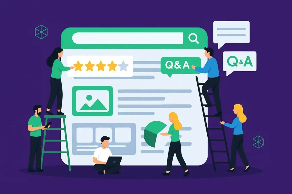 Illustration of digital marketers interacting with a search engine results page, featuring star ratings, Q&A boxes, and visual elements representing SEO strategies and SERP features.