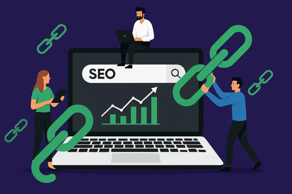 Illustration of a laptop displaying "SEO" with a rising graph, surrounded by people interacting with links, representing backlink strategies in digital marketing.