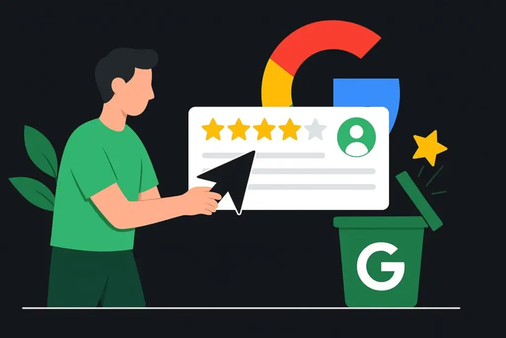 Person pointing at Google review with stars, illustrating the concept of disappearing reviews in digital marketing context.