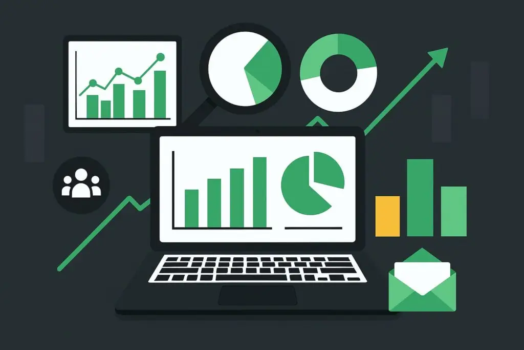Laptop displaying various marketing analytics graphs and charts, representing data analysis and performance metrics in digital marketing