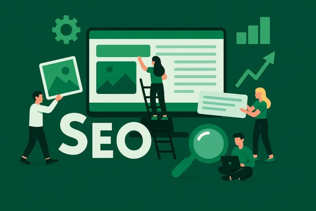 SEO illustration featuring individuals working on digital content, optimizing images, and analyzing data, symbolizing marketing strategies and website redesign for improved visibility.