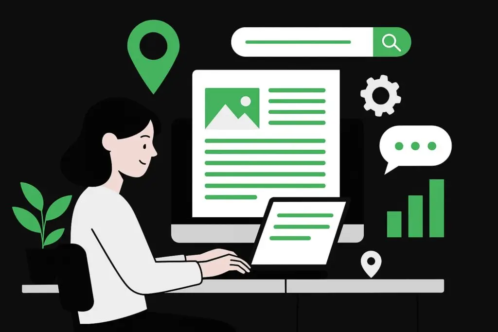 Person working on a laptop with marketing analytics and SEO elements, including location pin, search bar, and growth chart, illustrating digital marketing strategies for local optimization.