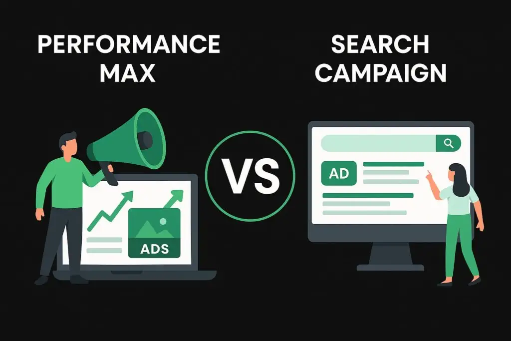Performance Max vs Search Campaign comparison graphic, featuring a person with a megaphone next to a laptop displaying ads and a woman pointing at a search ad on a monitor, emphasizing digital marketing strategies