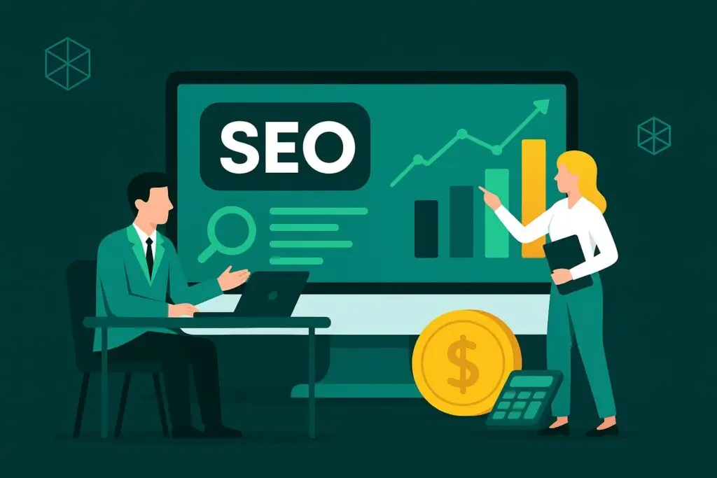 Business professionals discussing SEO strategies with a computer screen displaying SEO metrics, graphs, and a dollar coin, symbolizing marketing and financial growth.