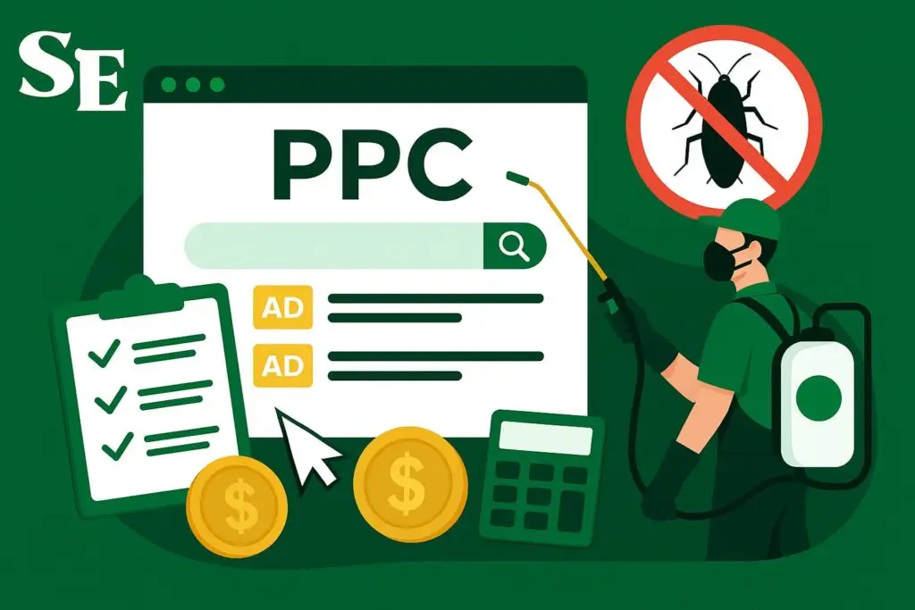 Pest control PPC advertising concept featuring a checklist, dollar coins, and a pest control worker with equipment, emphasizing digital marketing strategies for attracting clients in the pest control industry.