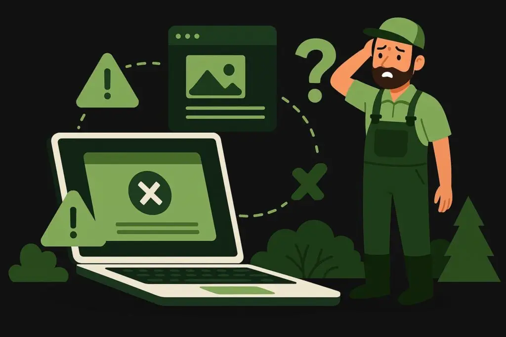 Illustration of a confused landscaper in green overalls standing beside a laptop displaying error messages and warning signs, symbolizing common web design mistakes for landscapers.