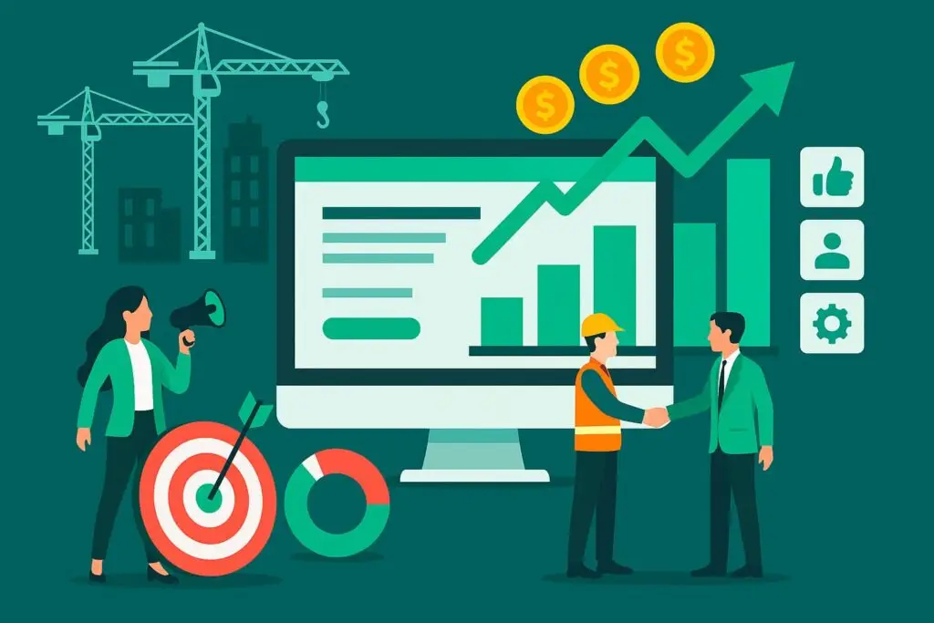 Illustration of a marketing scene featuring a woman with a megaphone, a construction worker shaking hands with a businessman, a computer displaying growth charts, and construction cranes, symbolizing digital marketing strategies for the construction industry.