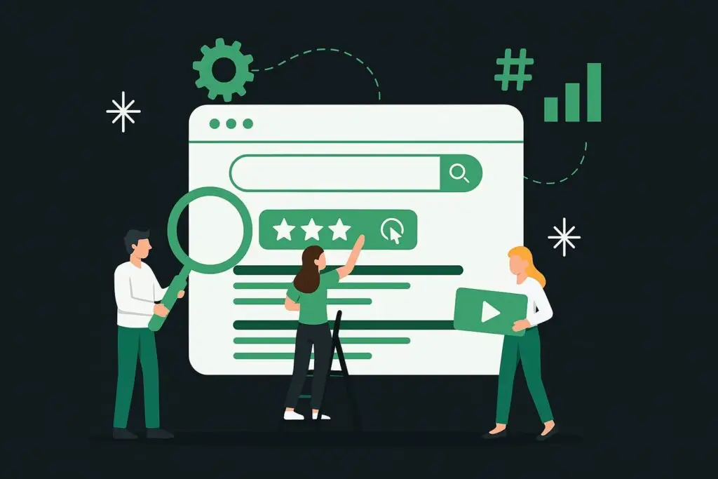 Illustration of three people collaborating on SEO strategies, analyzing search engine results with a magnifying glass, reviewing ratings, and discussing digital marketing concepts.