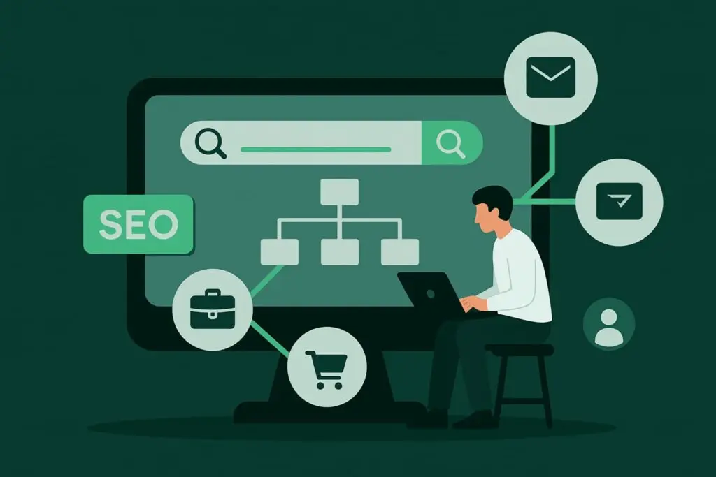 Illustration of a person using a laptop in front of a large computer screen displaying SEO elements, including search bar, site structure, and icons for email and shopping, representing digital marketing strategies and SEO reporting.