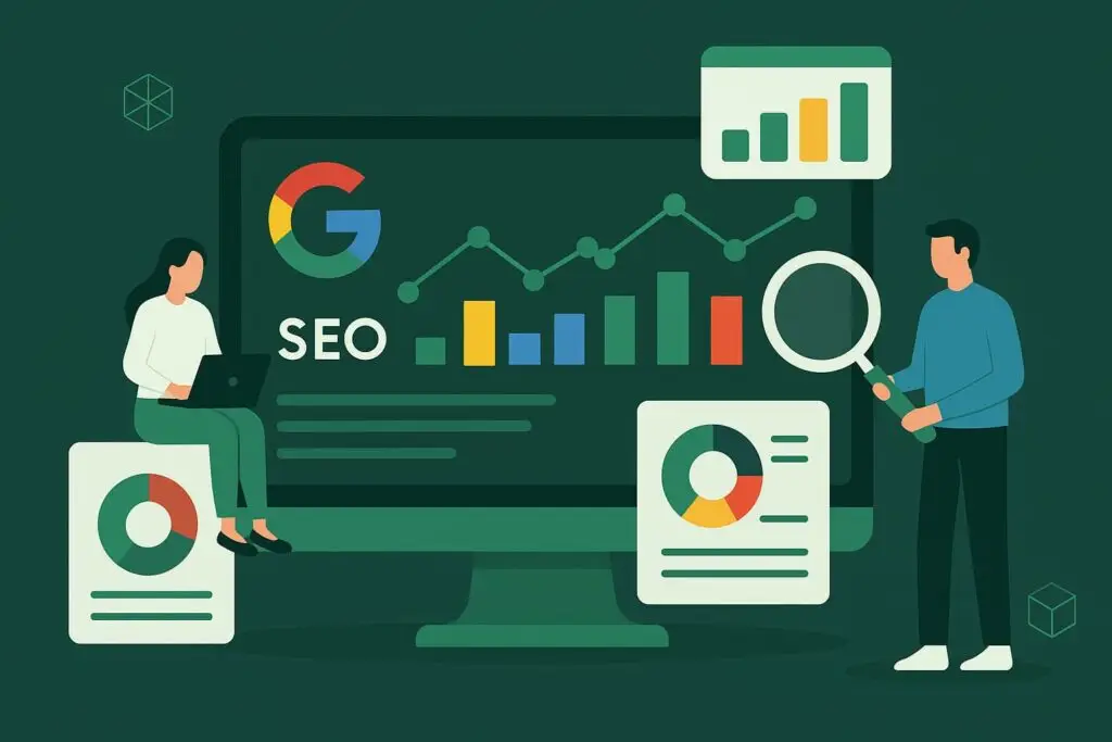 Illustration of a woman using a laptop and a man holding a magnifying glass, analyzing SEO data on a computer screen displaying Google SEO metrics and colorful graphs, representing digital marketing strategies and data visualization.