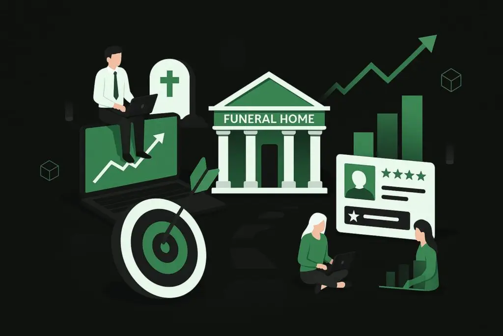 Illustration depicting digital marketing strategies for funeral homes, featuring a funeral home building, growth charts, a target symbol, and individuals engaged in online activities, emphasizing SEO and social media marketing