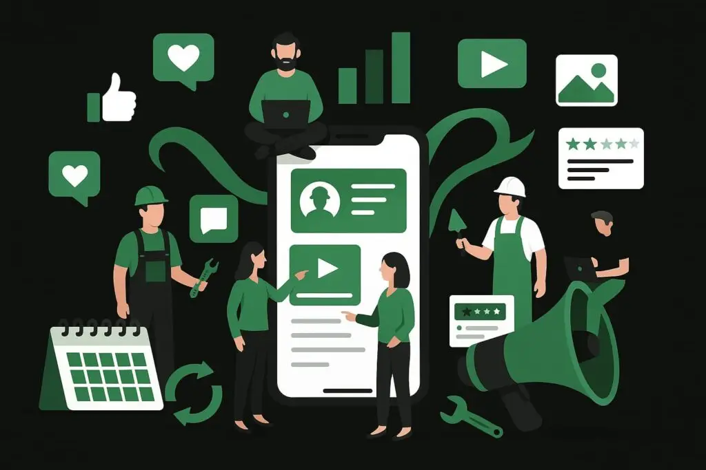 Illustration of diverse contractors engaging with a smartphone, featuring social media icons, marketing elements, and tools, emphasizing social media marketing for contractors and digital engagement strategies.