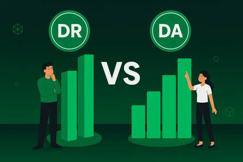 Illustration comparing Ahrefs Domain Rating (DR) and Moz Domain Authority (DA) with bar graphs, featuring a man pondering and a woman pointing, emphasizing SEO metrics.