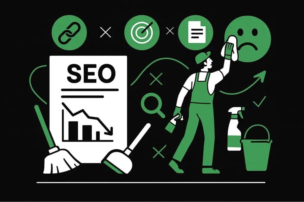 Illustration of a worker cleaning a surface with a cloth, surrounded by SEO-related icons like a report, links, and graphs, emphasizing the importance of SEO in the cleaning industry.