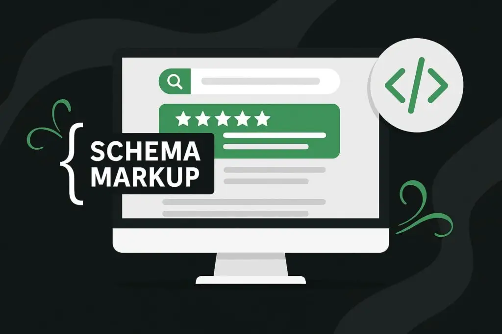 Computer screen displaying schema markup with search bar and rating stars, emphasizing technical SEO for enhanced visibility and rich results.
