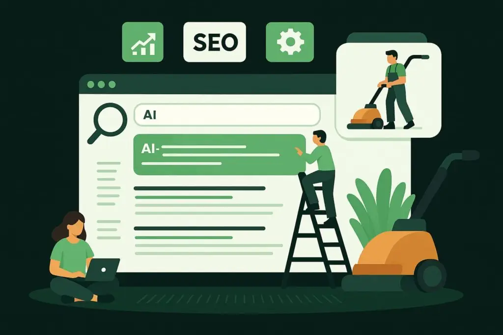 Illustration of a person using a laptop, searching for 'AI' in a search engine interface, with a ladder and another figure operating a carpet cleaner, emphasizing SEO strategies for carpet cleaning services.