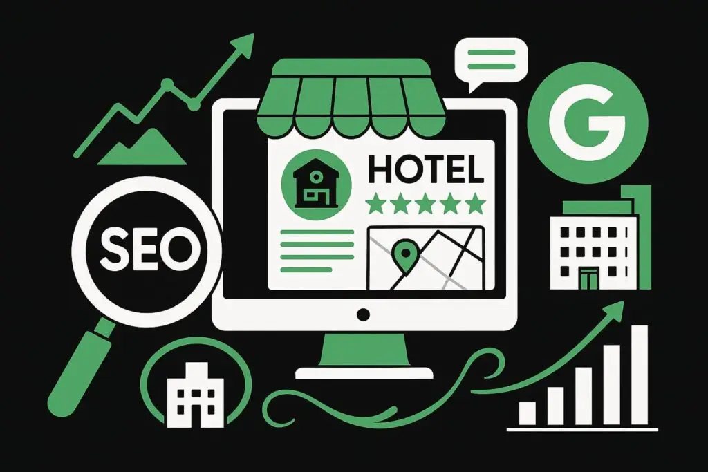 SEO for hotels graphic featuring a computer screen displaying hotel information, a magnifying glass with "SEO," a Google logo, and icons representing growth and location.