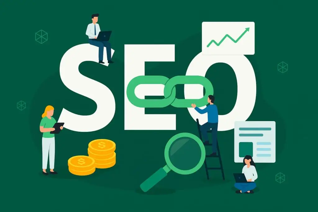SEO concept illustration featuring diverse individuals engaged in digital marketing activities, with a large "SEO" text, a magnifying glass, a link symbol, growth chart, and dollar coins, representing strategies for enhancing online visibility and marketing effectiveness.
